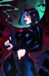  1girl bat_(animal) beretta_92 black_bodysuit black_hair black_lips blue_eyes bodysuit breasts commentary dual_wielding english_commentary equilibrium finger_on_trigger gun handgun highres holding holding_gun holding_weapon moon original qtori short_hair solo weapon 