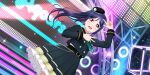  1girl absurdres bangs belt belt_chain beret blue_hair collared_shirt frilled_skirt frills glowing hand_up hat hat_ornament highres kimi_no_hitomi_o_meguru_bouken_(love_live!) long_hair long_sleeves looking_at_viewer love_live! love_live!_school_idol_festival_all_stars love_live!_sunshine!! matsuura_kanan mini_hat necktie neon_lights official_art open_mouth pleated_skirt ponytail purple_eyes shirt skirt sleeve_cuffs smile solo sparkle speaker stage stage_lights stairs v very_long_hair 