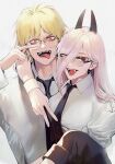  1boy 1girl arm_around_neck black_necktie blonde_hair chainsaw_man collared_shirt cross-shaped_pupils denji_(chainsaw_man) fangs glasses hair_over_one_eye hair_over_shoulder highres horns long_hair looking_at_viewer necktie open_mouth pants pants_rolled_up pink_hair power_(chainsaw_man) red_eyes round_eyewear sharp_teeth shirt shirushi_(in) short_hair simple_background symbol-shaped_pupils teeth tongue tongue_out v white_background white_shirt 
