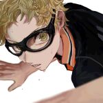  1boy black-framed_eyewear blonde_hair collared_shirt glasses haikyuu!! highres karasuno_volleyball_uniform male_focus parted_lips patterned_hair shirt short_hair simple_background solo sportswear sweat tsukishima_kei volleyball volleyball_uniform white_background yadu_nadu 