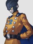  1boy belt black_gloves blue_cape buttons cape colored_skin dragon_ball dragon_ball_super dragon_ball_super_super_hero gamma_2 gloves grey_skin kemachiku long_sleeves male_focus red_ribbon_army solo superhero uniform yellow_eyes 