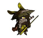  1girl animal_ears bandage_over_one_eye bandages_over_mouth black_hair brown_hanfu chain chibi conical_hat dark-skinned_female dark_skin full_body grey_scarf highres holding holding_weapon kampuzu limbus_company long_hair long_sleeves looking_at_viewer project_moon rabbit_ears rabbit_girl sash scarf simple_background solo standing weapon white_background yellow_eyes yellow_sash zilu_(project_moon) 