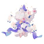  1girl aged_down barefoot braid braided_ponytail brooch capelet chibi chibi_only closed_mouth colored_eyelashes commentary cookie_run cookie_run:_kingdom film_grain floating_hair flower food-themed_hat full_body hair_over_one_eye hat highres humanization jewelry leaf long_hair long_sleeves official_alternate_costume one_eye_covered pink_eyes purple_capelet purple_hat reed robe simple_background single_braid sleeves_past_fingers sleeves_past_wrists solo star_(symbol) star_brooch star_symbol_background symbol-only_commentary very_long_hair white_background white_eyelashes white_flower white_hair white_lily white_lily_cookie white_robe wizard_hat 