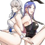  2girls alternate_costume animal_ears black_leotard black_necktie blue_hair breasts detached_collar fake_animal_ears grey_eyes grey_hair highres kantai_collection large_breasts leotard long_hair looking_at_viewer multicolored_hair multiple_girls necktie nidou open_mouth playboy_bunny rabbit_ears red_hair simple_background sitting smile south_dakota_(kancolle) spiked_hair strapless strapless_leotard washington_(kancolle) white_background white_hair white_leotard wrist_cuffs 