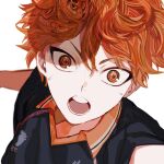  1boy :o bangs collared_shirt haikyuu!! hair_between_eyes highres hinata_shouyou karasuno_volleyball_uniform male_focus open_mouth orange_hair patterned_hair shirt short_hair simple_background solo sportswear sweat volleyball volleyball_uniform white_background yadu_nadu 