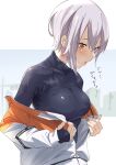  1girl black_undershirt breasts earbuds earphones grey_hair high_collar highres jacket large_breasts long_sleeves open_clothes open_jacket orange_eyes original short_hair showhey!! solo stained_clothes steaming_body sweat sweaty_clothes wireless_earphones 