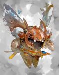  absurdres commentary_request dated full_body grey_background helmet highres holding holding_sword holding_weapon kirby_(series) meta_knight no_humans orange_helmet signature solo sukepmonster sword weapon wings 