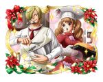  1boy 1girl blonde_hair bow brown_eyes brown_hair charlotte_pudding chef_hat cigarette cooking flower formal hair_over_one_eye hat long_hair necktie official_art one_piece one_piece_treasure_cruise open_mouth oven_mitts red_bow red_necktie sanji_(one_piece) short_hair smoking suit 