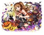  1girl bat_(animal) black_cat brown_eyes brown_hair candy cat charlotte_pudding food full_moon halloween jack-o&#039;-lantern long_hair moon night official_art one_piece one_piece_treasure_cruise twintails 