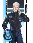  1boy absurdres adjusting_headphones alternate_costume black_bodysuit black_car black_shirt blue_eyes blue_helmet bodysuit capcom car closed_mouth commentary covered_collarbone cowboy_shot devil_may_cry_(series) devil_may_cry_5 english_commentary formula_racer headphones headphones_around_neck helmet henoopd highres holding holding_unworn_helmet lips looking_at_viewer male_focus mercedes-benz motor_vehicle nero_(devil_may_cry) nose partially_unzipped puma_(brand) race_vehicle racecar racing_suit shirt short_hair solo unworn_headwear unworn_helmet white_background white_hair 