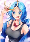  1girl :d ashiroku_(miracle_hinacle) bangs blue_eyes blue_hair breasts cleavage highres holding jewelry kumoi_ichirin large_breasts looking_at_viewer medium_hair open_mouth pendant pink_background ring smile solo touhou 