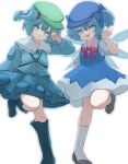  2girls :d :o absurdres alternate_hairstyle bangs black_footwear blue_bow blue_dress blue_eyes blue_footwear blue_hair blue_headwear blue_skirt boots bow cirno collared_shirt detached_wings dress flat_cap full_body green_headwear hair_bobbles hair_bow hair_ornament hat highres ice ice_wings kawashiro_nitori key leg_up long_sleeves looking_at_viewer mikan_(manmarumikan) multiple_girls open_mouth shirt short_sleeves simple_background skirt smile socks touhou two_side_up white_background white_socks wings 