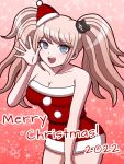  1girl 2022 :d alternate_costume bangs bare_arms bare_shoulders bear_hair_ornament breasts cleavage collarbone cowboy_shot danganronpa:_trigger_happy_havoc danganronpa_(series) dress enoshima_junko green_eyes hair_ornament hand_up hat highres large_breasts merry_christmas multicolored_background nail_polish red_nails santa_dress santa_hat smile snowflakes solo suiren_yurei teeth twintails upper_teeth_only 