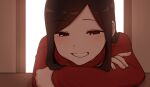  1girl black_eyes black_hair blush commentary crossed_arms indoors looking_at_viewer medium_hair mole mole_under_eye pov red_sweater sakurai_touko senpai_ga_uzai_kouhai_no_hanashi shiromanta sidelocks smile solo sweater 