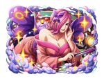  1girl blue_eyes breasts butterfly_hair_ornament cleavage hair_ornament hair_over_one_eye japanese_clothes licking_lips non-web_source official_art one_piece one_piece_treasure_cruise pink_hair short_hair tongue tongue_out vinsmoke_reiju 