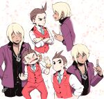  &gt;_&lt; 2boys ace_attorney antenna_hair apollo_justice apollo_justice:_ace_attorney blonde_hair blue_necktie blush bracelet brown_hair cheek_pinching closed_eyes closed_mouth collared_shirt crossed_arms earrings formal index_finger_raised jacket jewelry klavier_gavin long_hair looking_at_another male_focus minashirazu multiple_boys multiple_views necklace necktie open_mouth pants pinching ring shirt short_hair simple_background smile suit sweatdrop vest white_background 