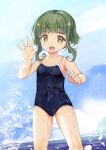 1girl bangs blue_one-piece_swimsuit blunt_bangs bob_cut braid breasts brown_eyes competition_school_swimsuit feet_out_of_frame green_hair highres horizon kantai_collection one-piece_swimsuit school_swimsuit short_hair sidelocks small_breasts solo standing swimsuit takanami_(kancolle) thick_eyebrows water waving wet wet_clothes wet_swimsuit yashin_(yasinz) 