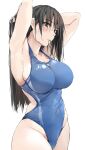  1girl arms_behind_head black_hair blue_one-piece_swimsuit blush breasts brown_eyes character_name comb competition_swimsuit copyright_request cowboy_shot highres large_breasts looking_at_viewer mole mole_on_breast mole_under_eye one-piece_swimsuit solo swimsuit zekkyon 