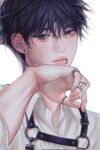  1boy black_eyes black_hair closed_mouth collared_shirt earrings face_piercing fushiguro_megumi gusamo hair_between_eyes highres jewelry jujutsu_kaisen lip_piercing looking_at_viewer male_focus multiple_rings piercing ring shirt short_hair sleeves_rolled_up solo stud_earrings upper_body white_shirt wiping_mouth 