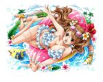  1girl bikini blush brown_eyes brown_hair charlotte_pudding eyewear_on_head fish flower hair_flower hair_ornament long_hair official_art one_piece one_piece_treasure_cruise open_mouth palm_tree sunglasses swimsuit teeth tree twintails water white_bikini 