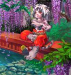  anthro bell belt bottomwear bridge clothed clothing felid flower forest forest_background fur jeacn kemono kogenta_(onmyou_taisenki) male mammal nature nature_background onmyou_taisenki pantherine pants plant purple_flower red_bottomwear red_clothing red_eyes red_pants river rock rope rope_belt shrub sitting solo striped_body stripes tiger tree water white_body white_fur 