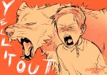  2019 ambiguous_gender angry azuza canid clothed clothing dated duo eyes_closed fangs feral head_tuft human male mammal neck_tuft open_mouth red_background restricted_palette screaming signature simple_background teeth tongue topwear tuft young 