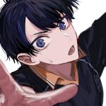  1boy bangs black_hair blue_hair collared_shirt haikyuu!! hair_between_eyes highres kageyama_tobio karasuno_volleyball_uniform male_focus multicolored_hair open_mouth outstretched_hand shirt short_hair simple_background solo sportswear sweat two-tone_hair volleyball volleyball_uniform white_background yadu_nadu 