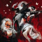  1girl 2boys aklirkiefer alternate_form arrow_(symbol) bandaged_leg bandages beard beer_mug black_hair black_jacket black_panties boots bug butterfly centaur cup drinking facial_hair fishbowl_helmet gas_mask gloves goggles goggles_on_headwear grin gun gunko highres holding holding_gun holding_weapon huge_weapon jacket knee_boots long_hair looking_over_eyewear mask mug multiple_boys mustache no_pants one_piece panties red_background red_eyes rimoshifu_killingham rogatywka sharp_teeth shepherd_sommers short_hair smile sunglasses taur teeth underwear weapon white_butterfly white_gloves white_hair yellow_eyes 