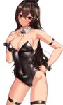  1girl absurdres amber_(genshin_impact) animal_ears arm_strap ass_visible_through_thighs black_leotard black_ribbon black_wrist_cuffs breasts brown_eyes brown_hair cleavage clyde_s contrapposto covered_navel detached_collar fake_animal_ears genshin_impact hand_on_hip hand_on_own_chest highleg highleg_leotard highres large_breasts leotard light_blush long_hair looking_at_viewer neck_ribbon open_mouth playboy_bunny rabbit_ears ribbon solo strapless strapless_leotard thigh_strap white_background 