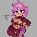  1:1 2023 accessory amy_rose anthro areola areola_slip artist_name belly big_breasts black_nose breasts clothing eulipotyphlan eyelashes female fishnet green_eyes grey_background hair hair_accessory hairband half-closed_eyes hand_on_hip hedgehog hi_res idlepotoo jumpsuit looking_at_viewer mammal meme meme_clothing narrowed_eyes pink_hair sega short_hair simple_background slightly_chubby smile solo sonic_the_hedgehog_(series) string_jumpsuit thick_thighs wide_hips 