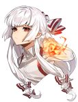  1girl bangs bow closed_mouth collared_shirt commentary_request cropped_torso fire flame fujiwara_no_mokou hair_bow hand_up highres long_hair long_sleeves looking_at_viewer red_bow red_eyes shirt sidelocks simple_background solo suspenders touhou two-tone_bow white_background white_bow white_hair white_shirt yadayada 