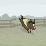  absurdres breaking capelet chibi commentary_request fence grass highres horse jajaumant kicking no_humans outdoors ranch real_life tanino_gimlet_(racehorse) wooden_fence yellow_capelet 