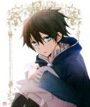  1boy akagami_no_shirayukihime bangs black_hair blue_eyes commentary_request hair_between_eyes hands_on_own_knees high_collar hood hood_down knees_up long_sleeves male_focus open_mouth partial_commentary ryuu_(akagami_no_shirayukihime) short_hair signature sitting solo tsukimori_usako 