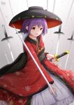  1girl bangs black_headwear bowl bowl_hat grey_background hat hatoman_(ytef4434) highres holding holding_sword holding_weapon japanese_clothes kimono long_sleeves looking_at_viewer multiple_swords open_mouth purple_hair red_eyes red_kimono sash short_hair signature solo sukuna_shinmyoumaru sword touhou weapon wide_sleeves 