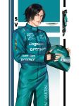  1boy absurdres alternate_costume aqua_bodysuit aqua_car aston_martin black_car black_gloves black_hair bodysuit capcom car closed_mouth commentary cowboy_shot devil_may_cry_(series) devil_may_cry_5 english_commentary fingerless_gloves fingernails formula_racer gloves green_eyes helmet henoopd highres holding holding_unworn_helmet hugo_boss_(brand) lips looking_at_viewer male_focus motor_vehicle nose race_vehicle racecar racing_suit short_hair solo unworn_headwear unworn_helmet v_(devil_may_cry) white_background 