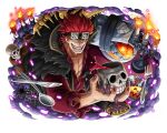  1boy candle chalice eustass_captain_kid fork goggles goggles_on_head halloween knife male_focus official_art one_piece one_piece_treasure_cruise open_mouth red_hair short_hair skull solo spoon teeth 