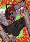  1boy absurdres black_pants blood chainsaw chainsaw_man collared_shirt denji_(chainsaw_man) highres monster_boy open_clothes open_mouth open_shirt pants sharp_teeth shirt shoes sneakers solo take978733141 teeth tongue tongue_out white_footwear white_shirt 