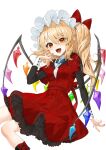  1girl alternate_costume black_footwear blonde_hair blush boots crystal dress fangs flandre_scarlet gotou_(nekocat) hair_between_eyes hat highres layered_sleeves long_hair long_sleeves mob_cap open_mouth pointy_ears red_dress red_eyes short_over_long_sleeves short_sleeves side_ponytail simple_background solo touhou white_background white_headwear wings 