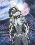  abstract_background anthro armor black_hair canid canine clothing hair hi_res horn male mammal mordorinka painting_(artwork) solo space spacesuit traditional_media_(artwork) watercolor_(artwork) 