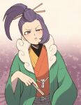  1boy ace_attorney androgynous blush folding_fan hair_bun hair_ornament hair_stick hand_fan haori high_ponytail holding holding_fan japanese_clothes kimono long_sleeves looking_at_viewer minashirazu multicolored_clothes multicolored_kimono open_mouth phoenix_wright:_ace_attorney_-_spirit_of_justice purple_eyes purple_hair sidelocks single_hair_bun solo uendo_toneido 