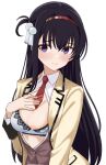  1girl 3: between_breasts black_hair blush bra breast_suppress breasts breasts_out brown_vest buttons cleavage closed_mouth collared_shirt commentary_request embarrassed furrowed_brow hair_between_eyes hair_intakes hair_ornament hairband hand_up highres jacket kikka_academy_school_uniform large_breasts long_hair long_sleeves looking_at_viewer necktie necktie_between_breasts nijouin_hazuki nipple_slip nipples one_side_up open_clothes open_jacket open_shirt open_vest purple_eyes red_hairband red_necktie riddle_joker school_uniform shirt single_sidelock solo straight_hair tassel tassel_hair_ornament tft_(tft7822) tsurime underwear upper_body very_long_hair vest white_bra white_shirt yellow_jacket 