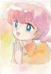  1girl blue_eyes braid chiitara_(bussan0704) happy highres looking_up mandarin_collar open_mouth own_hands_together painting_(medium) pink_hair ranma-chan ranma_1/2 saotome_ranma single_braid smile solo texture traditional_media upper_body watercolor_(medium) 