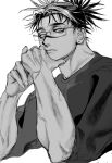  1boy adam's_apple arms_up b_ashui bespectacled choso_(jujutsu_kaisen) crew_neck cropped_torso earrings glasses hand_on_own_face highres jewelry jujutsu_kaisen looking_to_the_side male_focus own_hands_together parted_hair piercing rectangular_eyewear rimless_eyewear shirt simple_background stud_earrings veins veiny_arms white_background 
