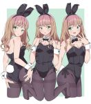  1girl adjusting_bowtie adjusting_clothes animal_ears black_bow black_leotard blush bow bowtie breasts brown_hair cleavage detached_collar fake_animal_ears fake_tail green_eyes gridman_universe hands_on_own_ass highres kneeling leotard minami_yume pantyhose playboy_bunny rabbit_ears rabbit_tail sho_(shoshos_8888) simple_background solo ssss.dynazenon strapless strapless_leotard tail wrist_cuffs 