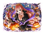  1girl bat_(animal) blue_eyes fish_hair_ornament hair_ornament halloween jack-o&#039;-lantern jewelry long_hair necklace official_art one_piece one_piece_treasure_cruise open_mouth pearl_necklace pink_hair polearm shirahoshi teeth trident weapon 