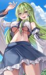  1girl bangs blue_skirt blue_sky breasts cloud detached_sleeves frog_hair_ornament green_eyes green_hair green_nails hair_ornament highres kochiya_sanae large_breasts long_hair looking_at_viewer maboroshi_mochi navel open_mouth outdoors shirt skirt sky solo touhou underboob white_shirt 