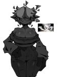  anthro ash_baby_(meme) big_breasts bottomwear bovid breasts caprine cleavage clothed clothing ear_piercing ear_tag exposed_shoulder female hair ines_(xexeezy) mammal monochrome pants piercing pockets sheep shirt small_waist smile solo standing thick_thighs topwear wide_hips xexeezy 