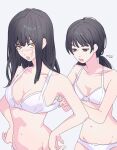  2girls bangs black_hair brown_eyes chainsaw_man cross_scar dressing_another grey_background highres long_hair looking_at_another looking_to_the_side mitaka_asa multiple_girls open_mouth red_eyes ringed_eyes scar scar_on_cheek scar_on_face simple_background twintails twitter_username valentine_(02140314c) yoru_(chainsaw_man) 