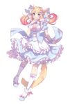  1girl :3 absurdres animal_ears apron arm_at_side back_bow bandaged_hand bandages blonde_hair blue_bow blue_choker blue_dress blue_ribbon blue_shoes bow bow_legwear breasts cat_ears cat_girl cat_tail choker cleavage closed_mouth commentary commission detached_collar dress dress_bow english_commentary footwear_bow frilled_apron frills full_body gold_anklet gradient_hair grey_bow hair_bow hand_on_own_chin hand_up high_heels highres kneehighs lace-trimmed_sleeves lace-trimmed_socks lace_trim long_hair looking_at_viewer medium_dress multicolored_hair original petticoat pink_bow pink_hair puffy_short_sleeves puffy_sleeves ribbon sasucchi95 scar scar_on_cheek scar_on_face shoes short_sleeves small_breasts socks solo standing standing_on_one_leg striped_bow tail twintails two-tone_hair white_apron white_bow white_sleeve_cuffs white_socks yellow_tail 