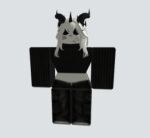 1girl black_pants black_sweater full_body grey_background horns lowres midriff non-web_source off-topic pants roblox simple_background standing sweater tagme wavy_hair white_background white_hair 